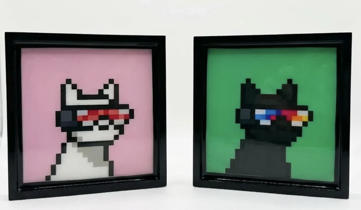 Two custom epoxy NFT frames featuring pixel-art dogs in black frames with pink and green backgrounds