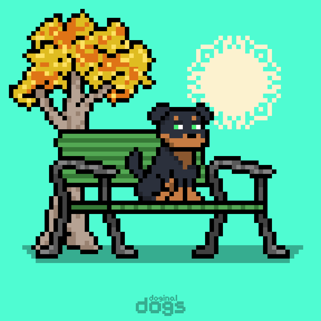 Animated pixel-art Doginal Dog on a bench beneath an autumn tree, a Fall Pack example