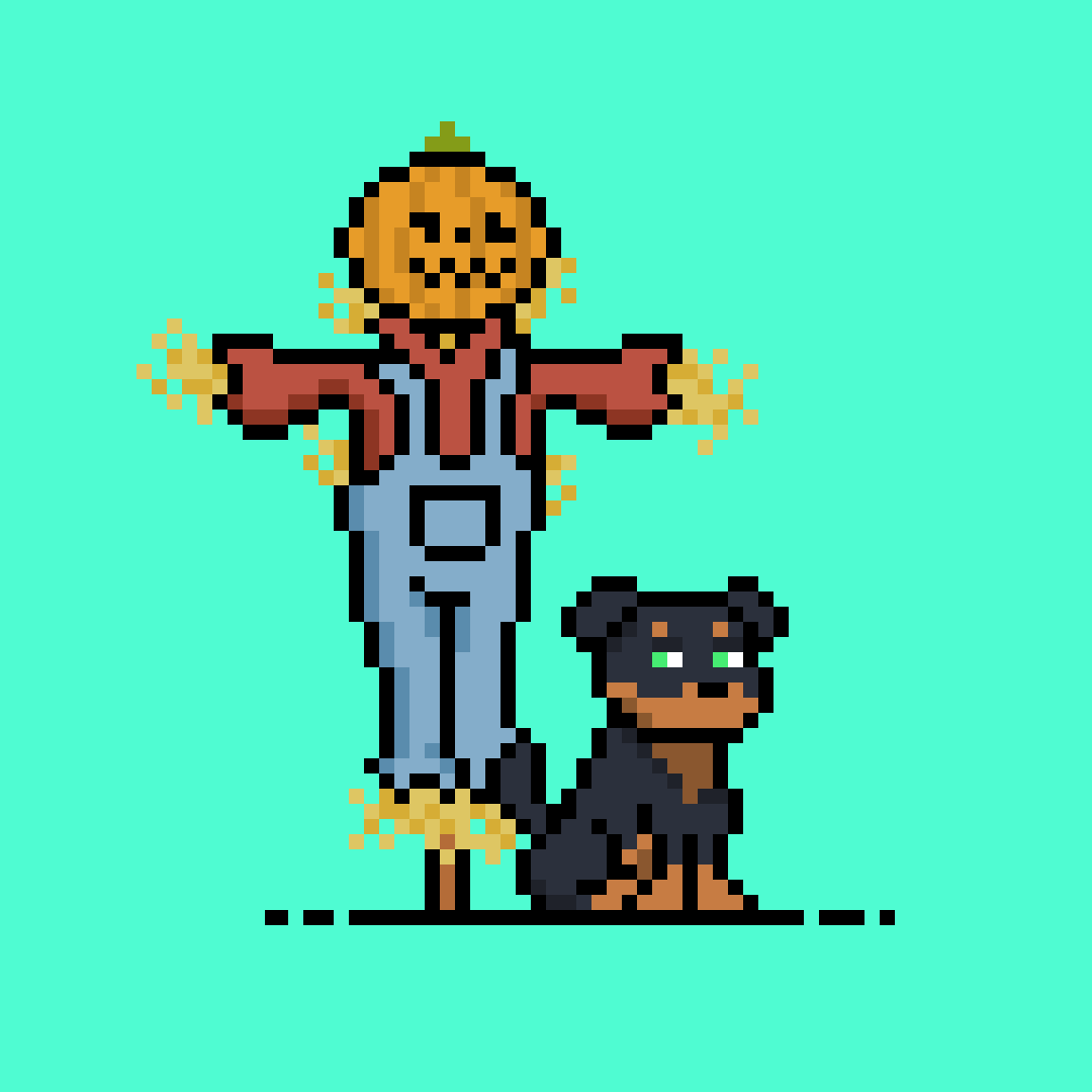 Animated pixel-art Doginal Dog beside a scarecrow, a Fall Pack example